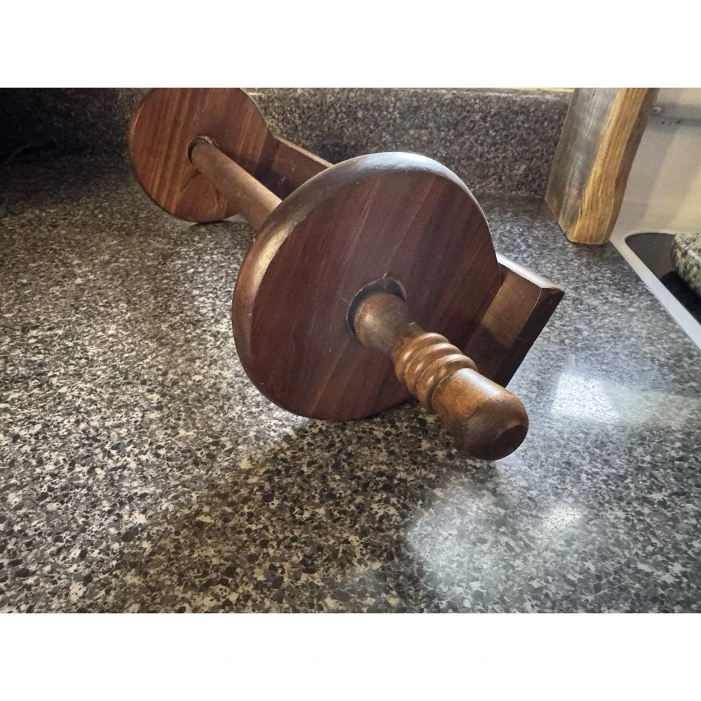 Vintage dark brown solid wood wall mount paper towel holder rolling pin shaped